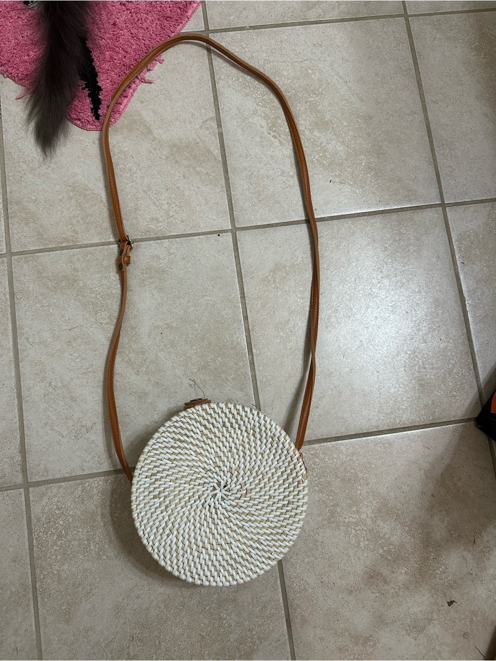 Woven Round Crossbody Bag in White and Tan